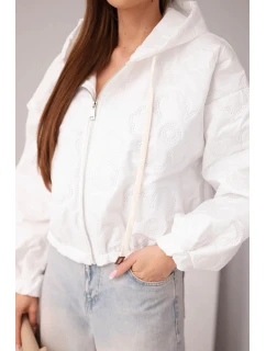 Dámská prošívaná bunda s kapucí a ozdobným květinovým ražením bílá
