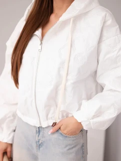 Dámská prošívaná bunda s kapucí a ozdobným květinovým ražením bílá