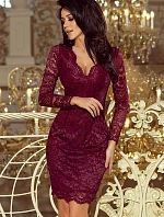 Dámské krajkové šaty v bordó barvě s dlouhými rukávy a výstřihem model 6394168