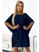 SOFIA Tmavě modré dámské šaty s brokátem a se zavazováním v pase model 18981284 - numoco