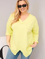 Dámská bavlněná blůza Plus Size s hlubokým V výstřihem a asymetrickým spodním lemem žlutá neon