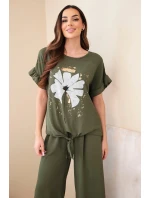 Dámský viskózový komplet s halenkou s potiskem a kalhotami khaki