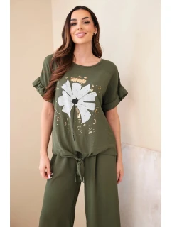 Dámský viskózový komplet s halenkou s potiskem a kalhotami khaki