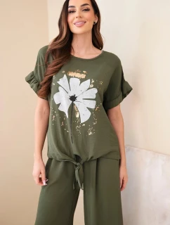 Dámský viskózový komplet s halenkou s potiskem a kalhotami khaki