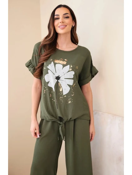 Dámský viskózový komplet s halenkou s potiskem a kalhotami khaki
