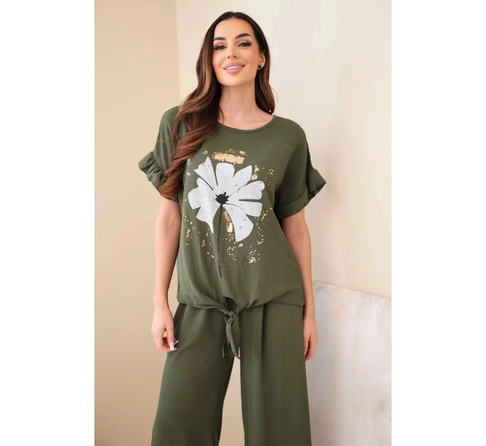 Dámský viskózový komplet s halenkou s potiskem a kalhotami khaki