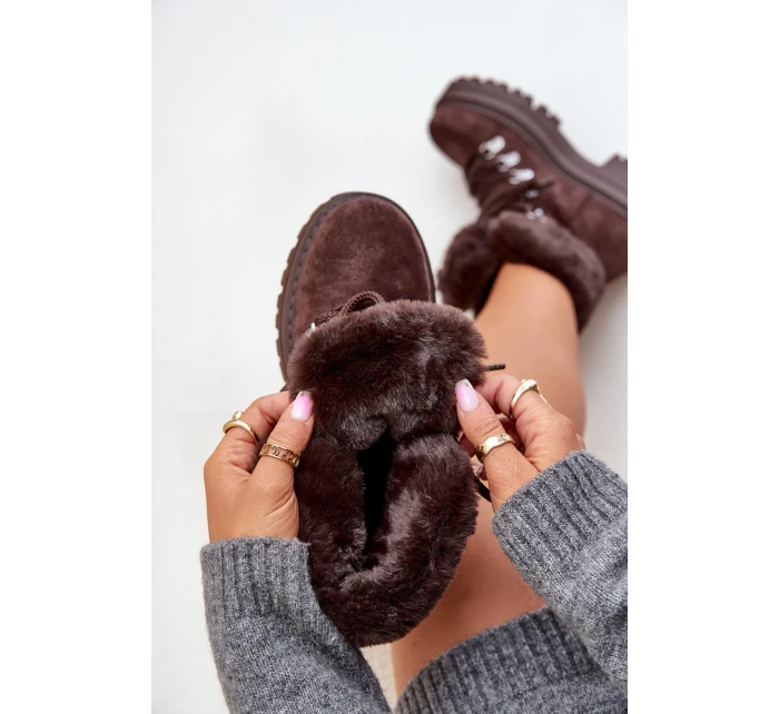 Dámské šněrovací boty s kožíškem tmavě hnědé Vaminia