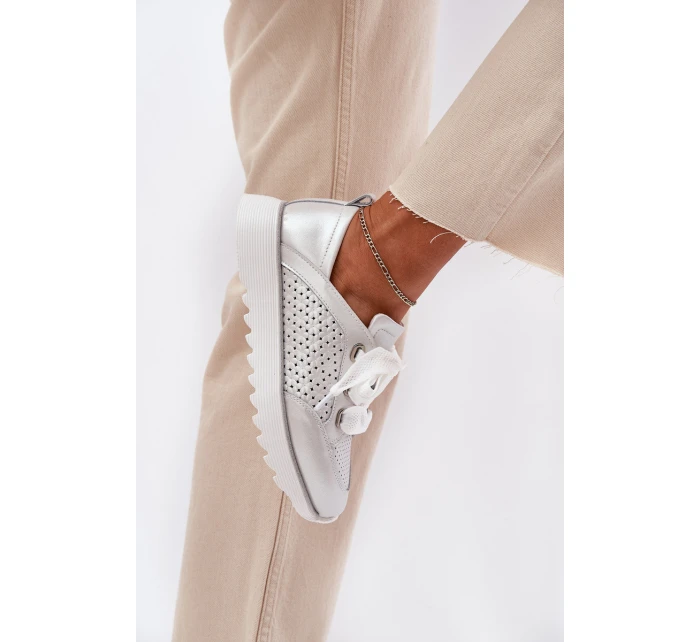 Dámské Kožené Tenisky Na Platformě D&A model 21695796 Stříbrné - S.Barski Dámské Kožené Tenisky Na Platformě D&A model 21695796 Stříbrné - S.Barski