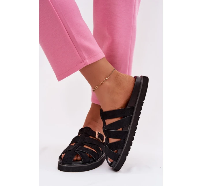 Dámské pantofle s pásky a zlatým sponou Černé model 21943458 - Boto