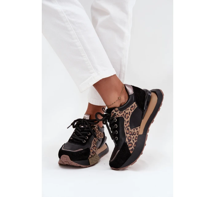 Dámské kožené tenisky na platformě s leopardím vzorem Artiker – černé Dámské kožené tenisky na platformě s leopardím vzorem Artiker – černé