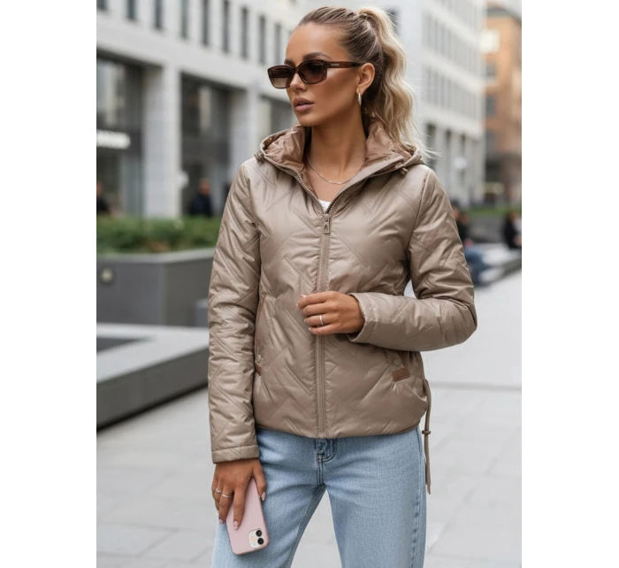 Kurtka damska pikowana lekko ocieplana z kapturem taupe TY5633