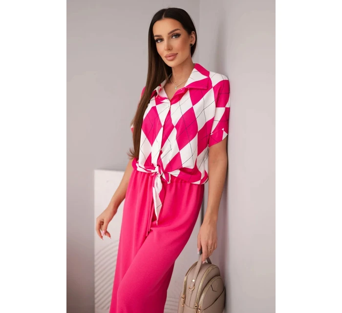 Dámská souprava viskózová halenka s vázáním a kalhoty s gumou fuchsie