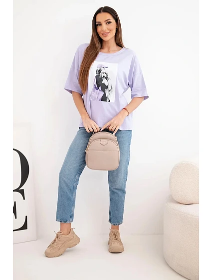 Dámská bavlněná oversize halenka s krátkým rukávem a model 22042988 potiskem světle fialová - K-Fashion