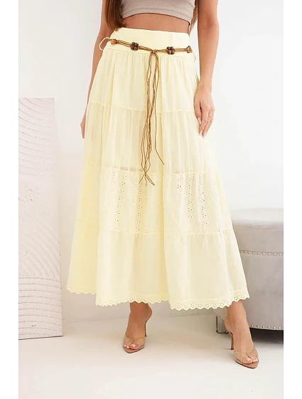 Dámská maxi bavlněná sukně s model 22048765 výšivkou a elastickým pásem žlutá - K-Fashion Dámská maxi bavlněná sukně s model 22048765 výšivkou a elastickým pásem žlutá - K-Fashion