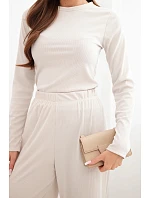 Dámský viskózový komplet s halenkou a širokými kalhotami světle béžový