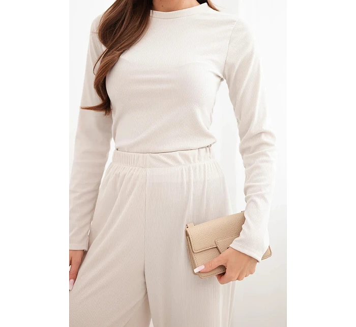 Dámský viskózový komplet s halenkou a širokými kalhotami světle béžový