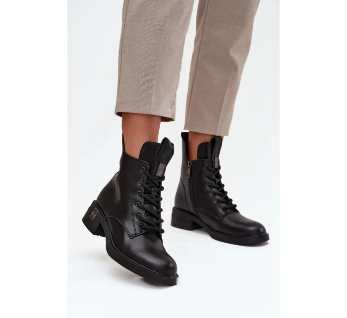 Kožené dámské kozačky na nízkém podpatku model 21713393 Černé - VINCEZA