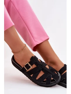 Dámské pantofle s pásky a zlatým sponou Černé model 21943458 - Boto