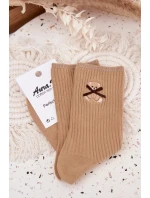 Dámské bavlněné žebrované ponožky s medvídkem – světle hnědé