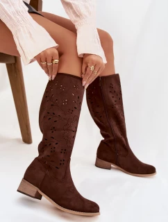 Dámské perforované kozačky na podpatku Helinna – čokoládová