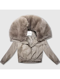 Béžová kožená bunda s velkým kožešinovým límcem Glakate (LU98090#)