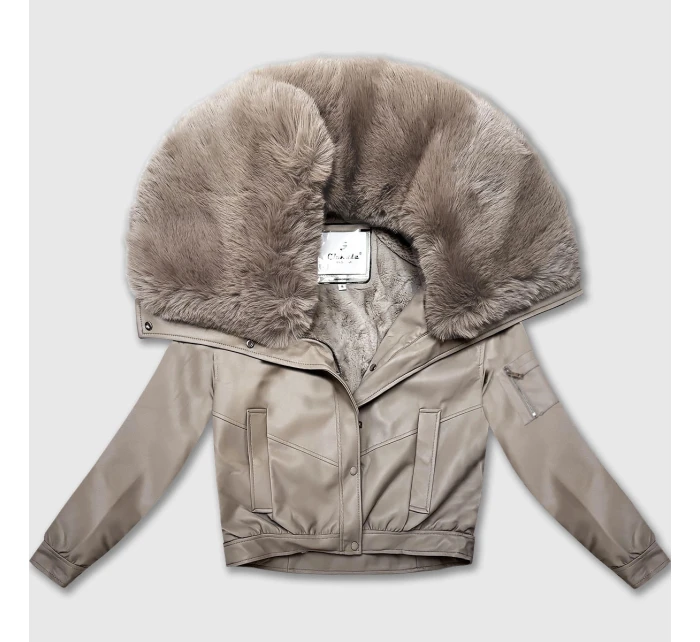 Béžová kožená bunda s velkým límcem model 21335570 - Glakate