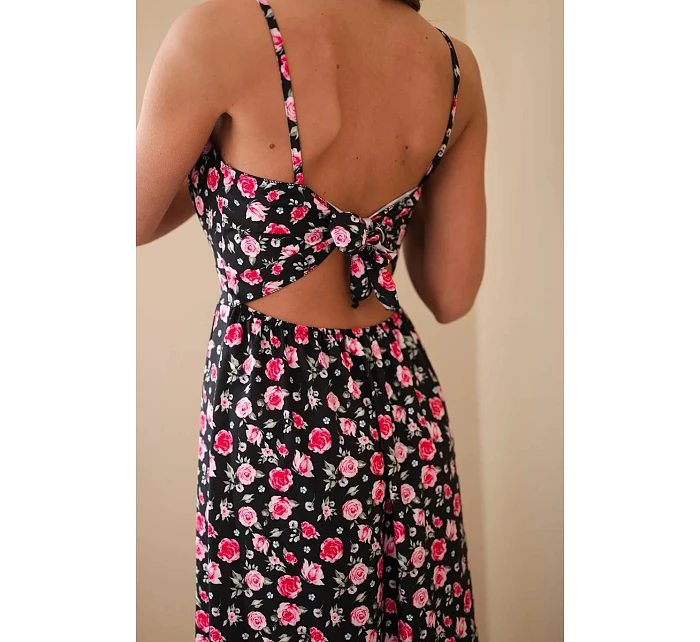 Dámské maxi šaty s květinovým vzorem na ramínkách s vázáním na zádech černá
