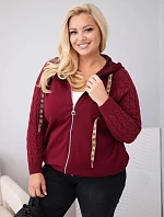 Dámská bavlněná mikina Plus Size s pletenými rukávy a kapucí bordó červená