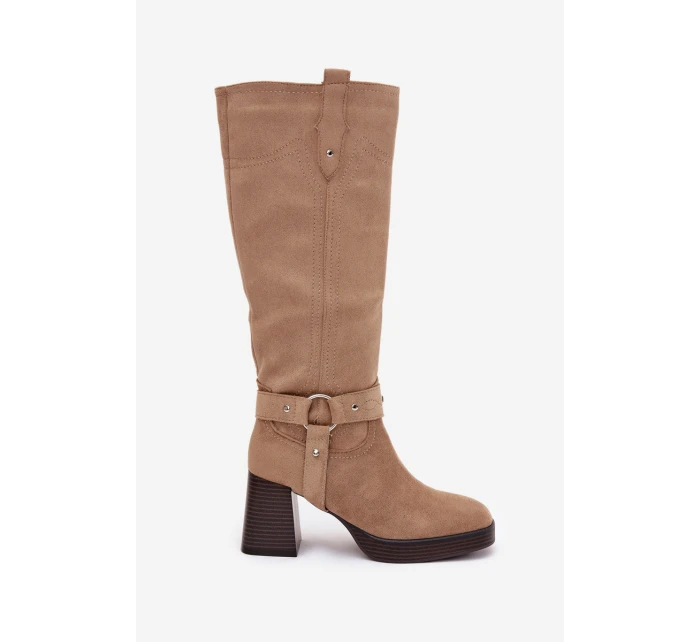 Dámské zateplené kozačky na podpatku s prošíváním Alessara – béžové