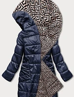 Tmavě modro-béžová přeložená obálková dámská bunda s kapucí (B8040-3046)