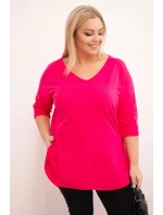 Dámská bavlněná blůza Plus Size s výstřihem do V a ohrnutým rukávem fuchsie Dámská bavlněná blůza Plus Size s výstřihem do V a ohrnutým rukávem fuchsie