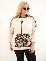 Dámská mikina Plus Size z viskózy s kapucí a panterkovými vsadkami béžová Dámská mikina Plus Size z viskózy s kapucí a panterkovými vsadkami béžová
