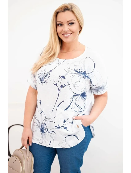 Dámská bavlněná halenka Plus Size s krátkým rukávem a kapsou bílá