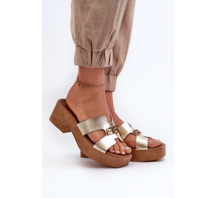 model 21661380 Kožené Elegantní Dámské Žabky S Ozdobou Zlaté - Zazoo