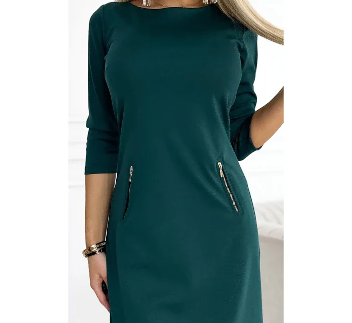 420-5 MARY Šaty se zlatými zámky - BOTTLE GREEN