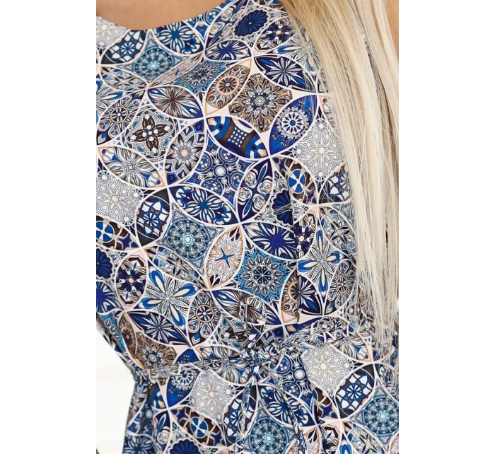 296-13 VICTORIA Trapézové boho šaty s potiskem ve středomořském stylu - modré