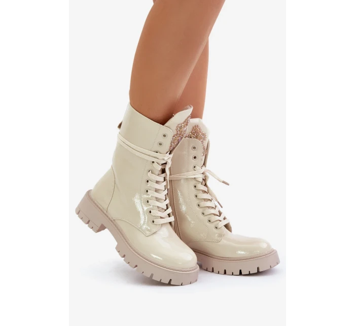 Lakované Zateplené Kotníkové Boty Workery s Ozdobou Béžové Kelilea Lakované Zateplené Kotníkové Boty Workery s Ozdobou Béžové Kelilea