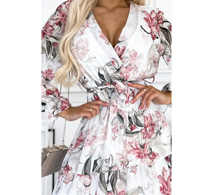 VALENTINA - Bílé dámské midi šaty s výstřihem, páskem a se vzorem květů a listů 436-3