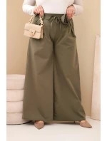 Dámské kalhoty Plus Size s širokou nohavicí a ozdobným květem v pase khaki