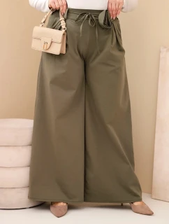 Dámské kalhoty Plus Size s širokou nohavicí a ozdobným květem v pase khaki