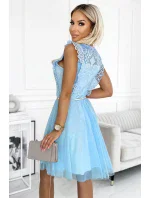 454-4 Šaty GRETA s krajkou a zlatým páskem - MODRÉ