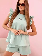 Dámský komplet s volánem – halenka s krátkým rukávem a šortky s gumičkou tmavá máta