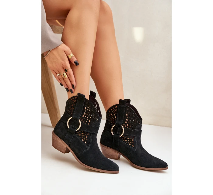 Semišové Kotníkové Boty Kovářské S Otevřením Na Podpatku Černé Zazoo 2994