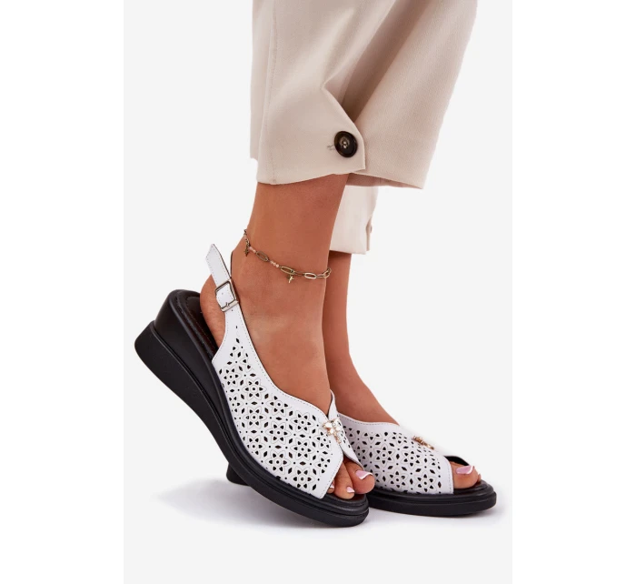 Kožené Děrované Sandály Dámské Na Klínu Vinceza 79529 Bílé