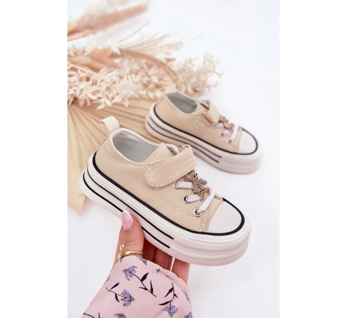 Dívčí Tenisky Se Zlatou Nášivkou Medvěd Béžové Solena Dívčí Tenisky Se Zlatou Nášivkou Medvěd Béžové Solena