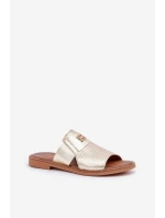 Elegantní Pantofle Z Přírodní Kůže Na Plochém Podpatku model 21684082 Zlaté - Zazoo