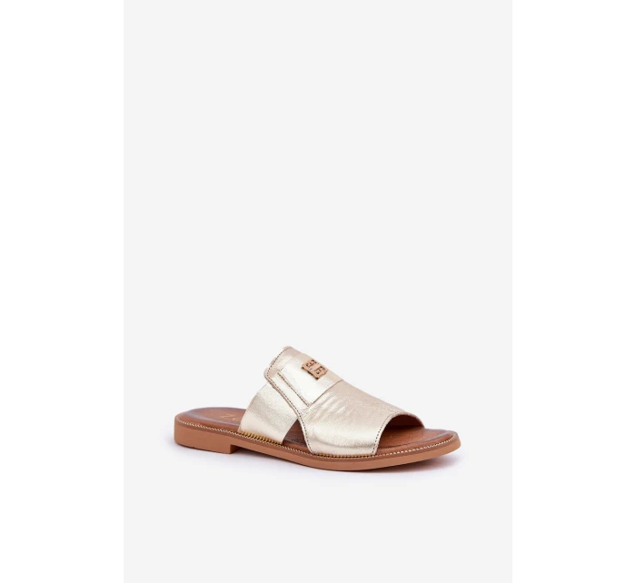 Elegantní Pantofle Z Přírodní Kůže Na Plochém Podpatku model 21684082 Zlaté - Zazoo