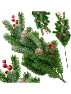 OZDOBNÁ BOROVÁ VĚTEV S JEŘABINAMI A ŠIŠKAMI 60 CM