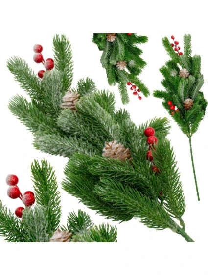 OZDOBNÁ BOROVÁ VĚTEV S JEŘABINAMI A ŠIŠKAMI 60 CM