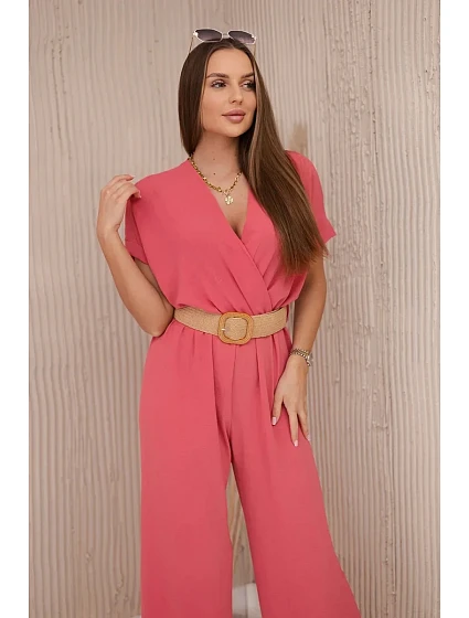 Kombinéza s ozdobným páskem v pase korálový Kombinéza s ozdobným páskem v pase korálový